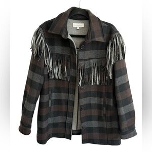 Something Navy Charcoal Combo Plaid Fringe Shacket Size Medium Women